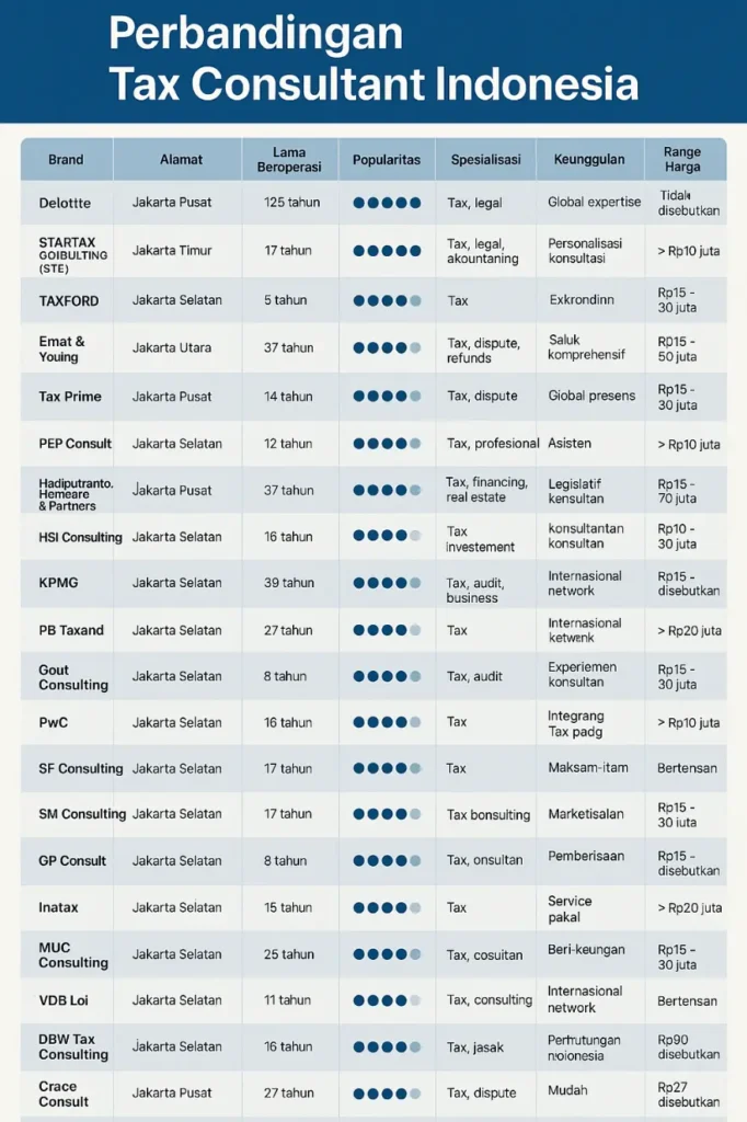 Tabel perbandingan Tax Consultant Indonesia